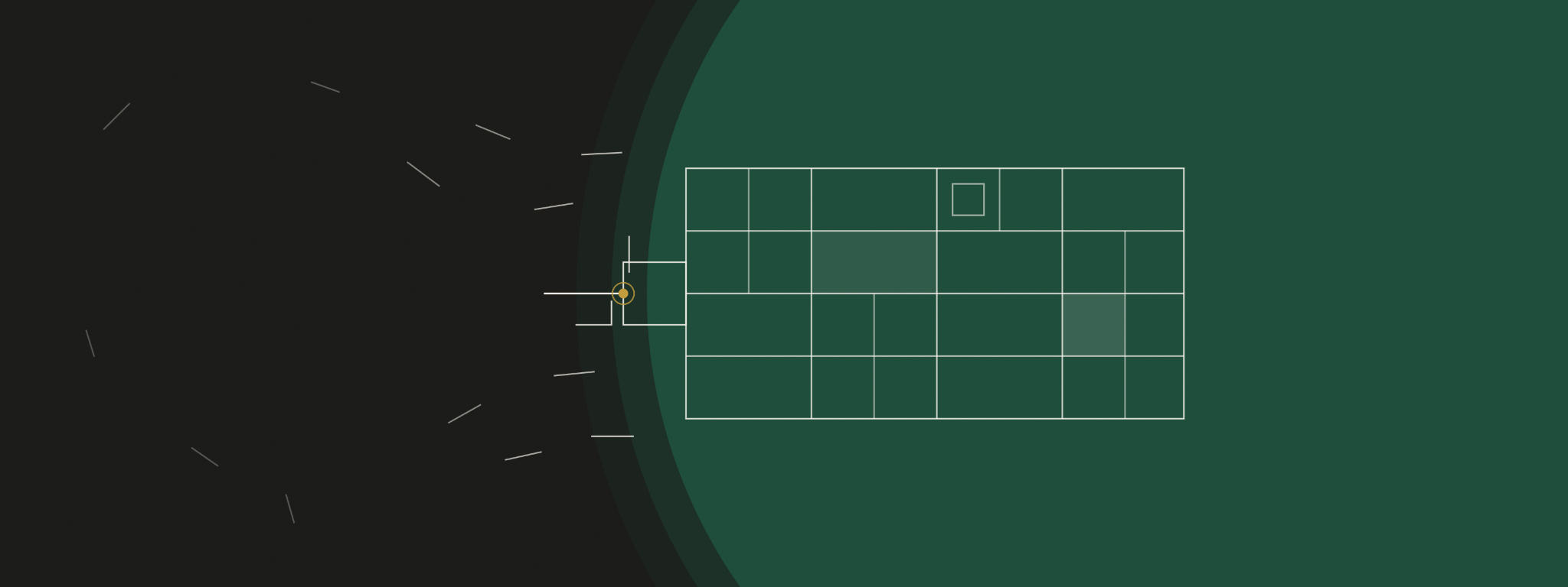 Scattered fragments becoming an organized system inside a focused green circle